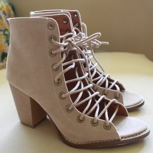 Tan/Nude Faux Suede Open Toe Lace Up Ankle Boots